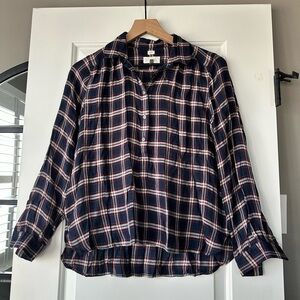 LOFT Navy, Red & White Plaid Softened Button-Up Shirt